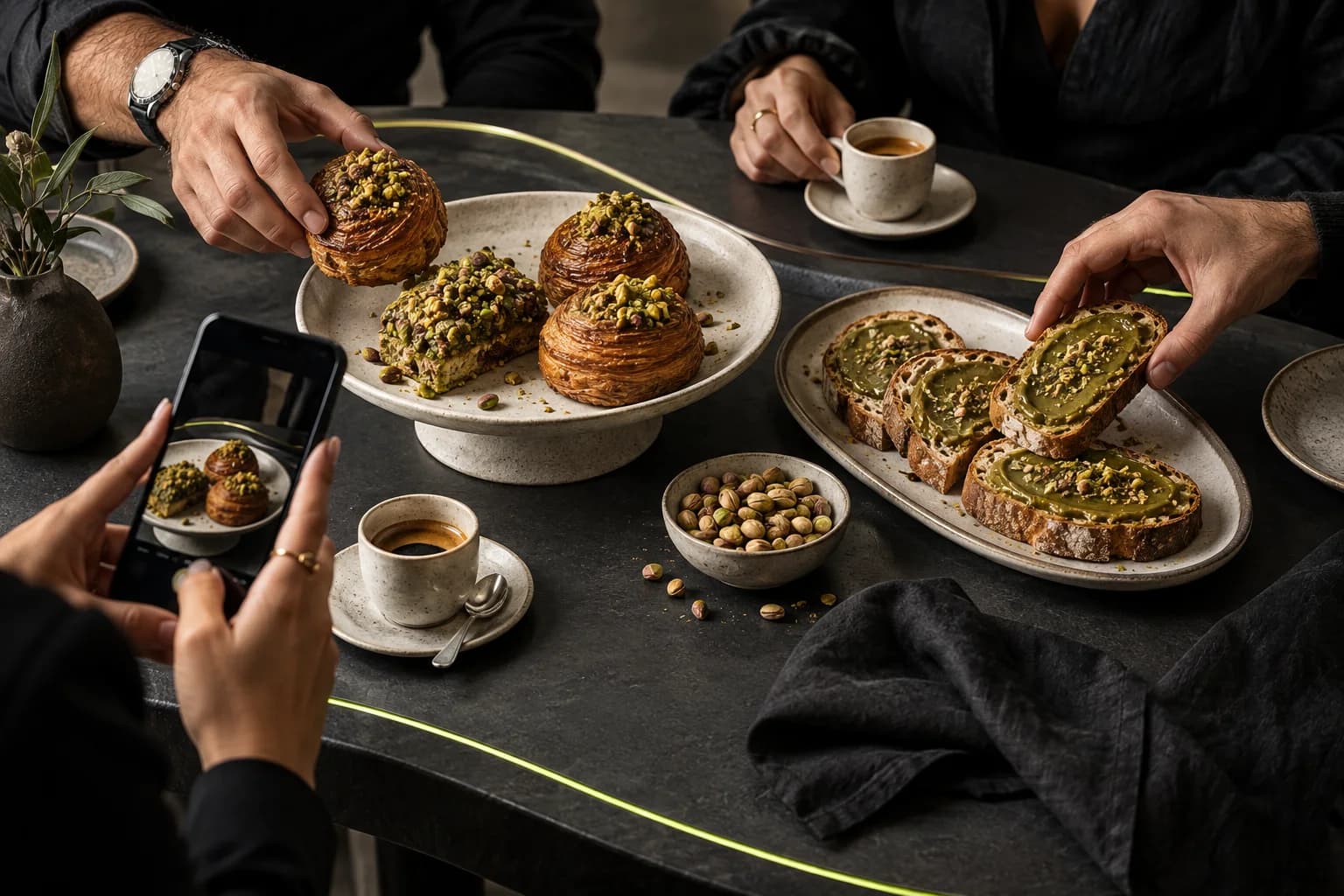 Experiencia conceptual de comunidad alrededor de creaciones con pistacho, una mesa compartida y contenido entre amigos